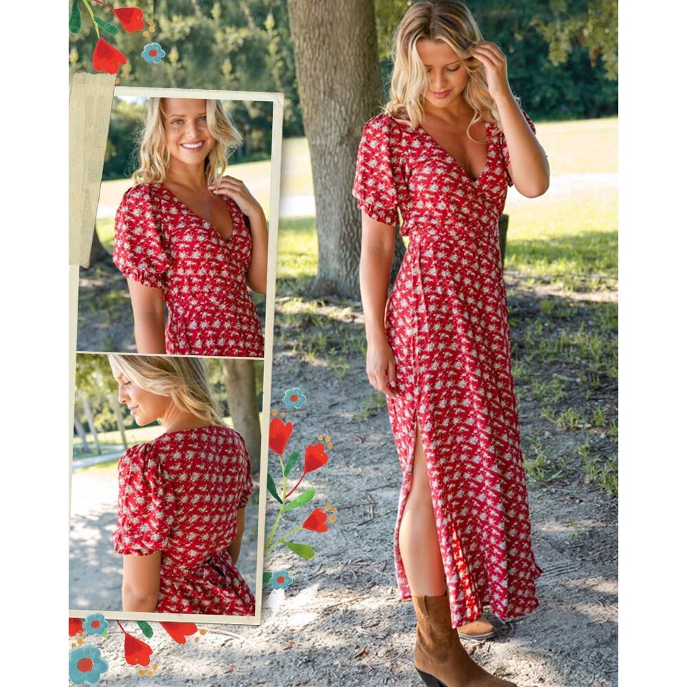 New NATURAL LIFE midi red floral Sophia WRAP dress - L - Picture 6 of 6